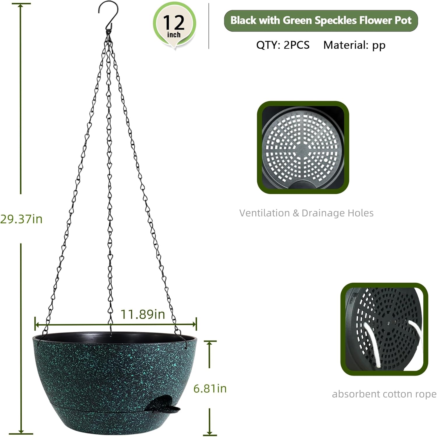 12 Inch Hanging Baskets 2 PC with Chains, Self-Watering Hanging Planters for Indoor Outdoor Plants
