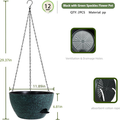 12 Inch Hanging Baskets 2 PC with Chains, Self-Watering Hanging Planters for Indoor Outdoor Plants