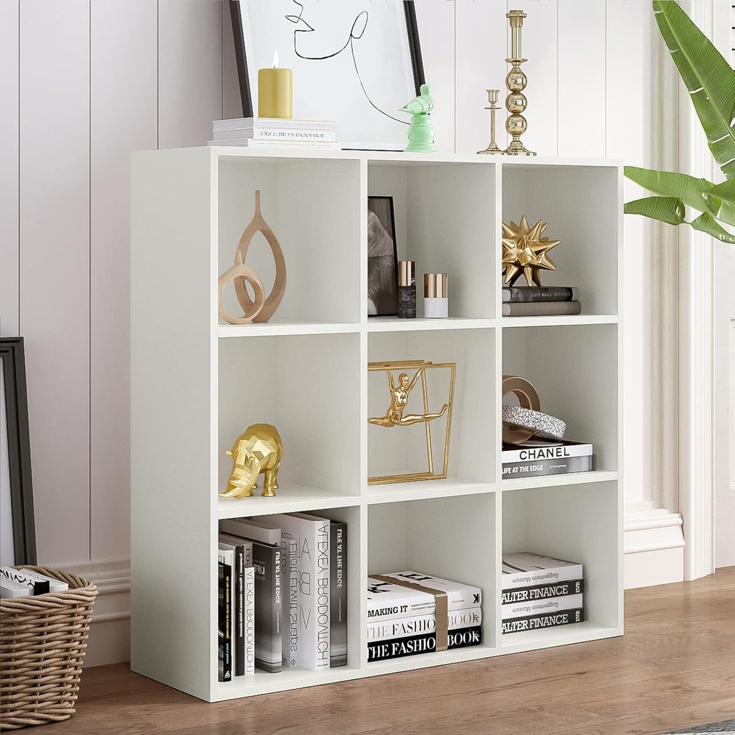 9-Cube Storage Shelf Bookcase - Wooden 3-Tier Floor Standing Open Bookshelf for Home and Office