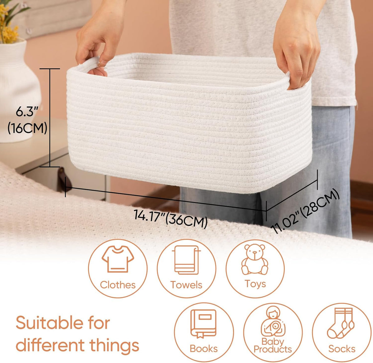 OIAHOMY 4 Pack 14.17*11.02*6.3IN Storage Baskets for Organizing Shelves, Woven Rope Baskets for