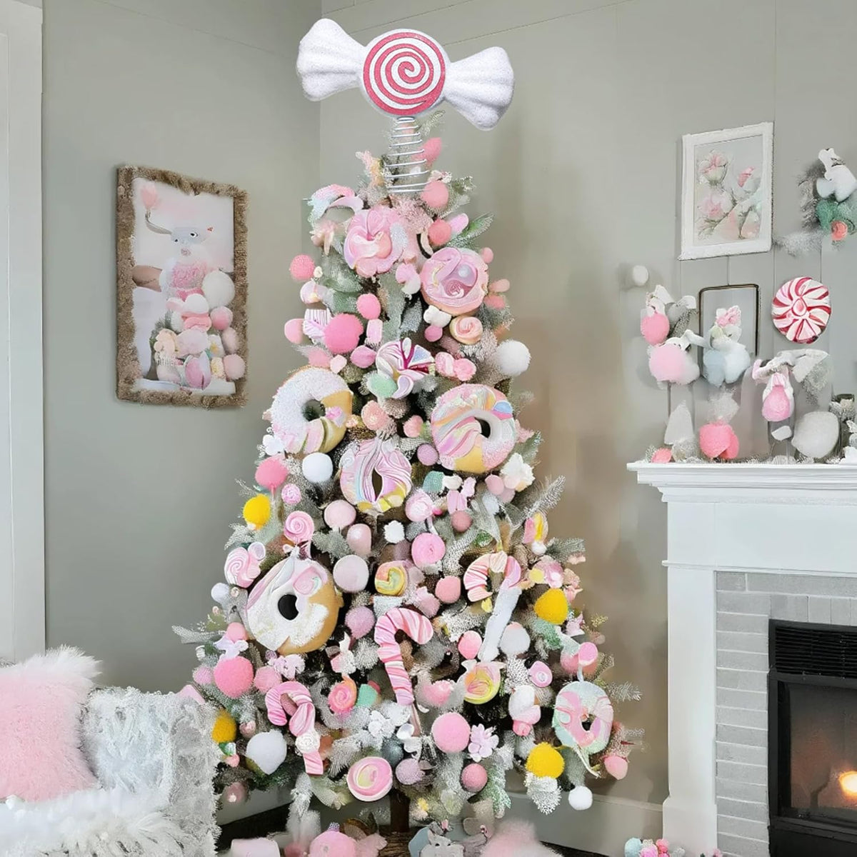 Retisee 9.8 in Large Pastel Candy Christmas Tree Topper Pink Candy Swirl Treetop Pink Pastel
