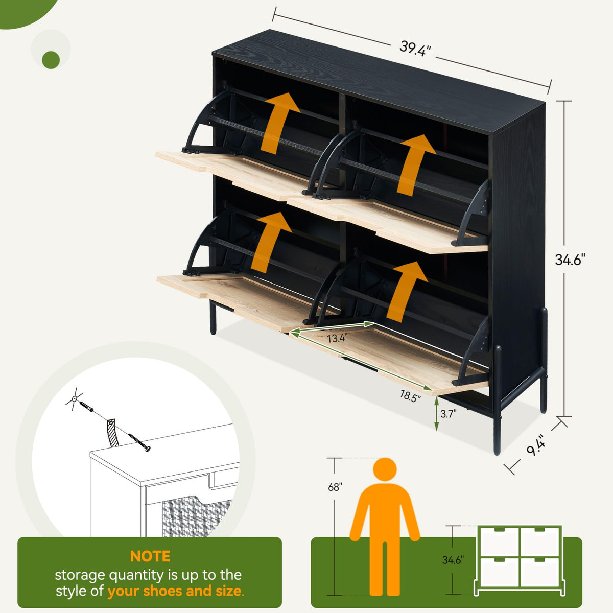 GAOMON Natural Rattan 4 Flip Door Shoe Rack Storage Cabinet, Shoe Cabinet Organizer Freestanding