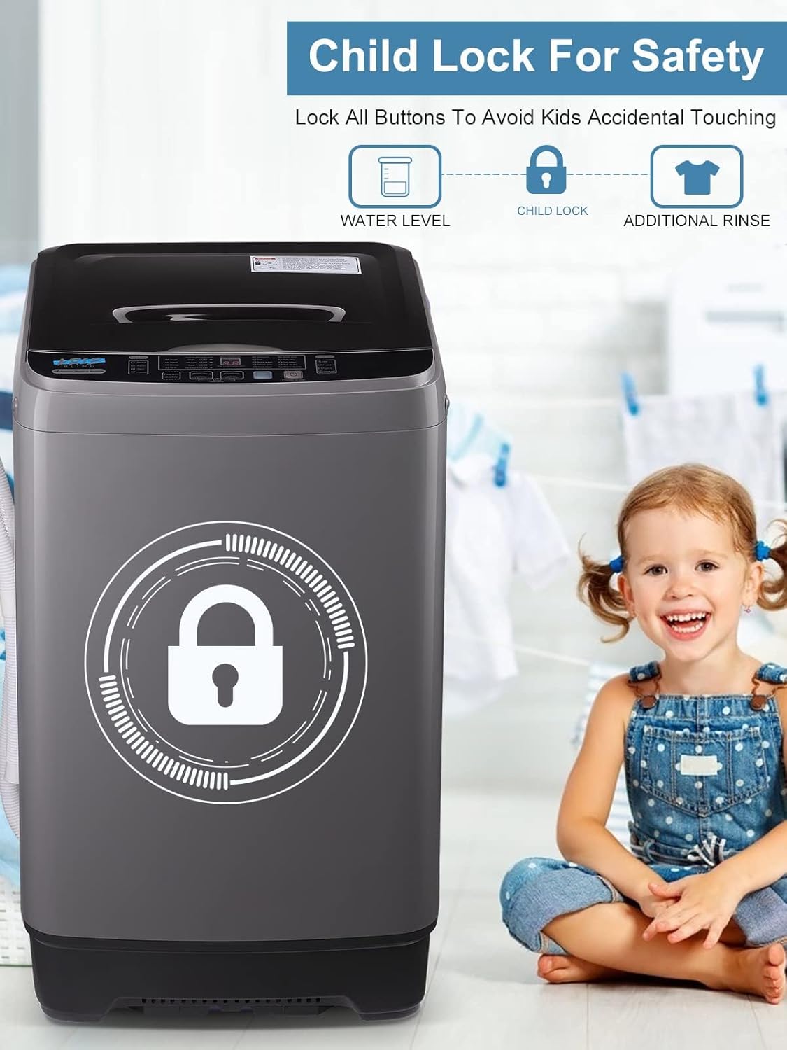 Full-Automatic Washing Machine 17.7 lbs Small Compact Portable 10 Wash Program & 8 Water Level