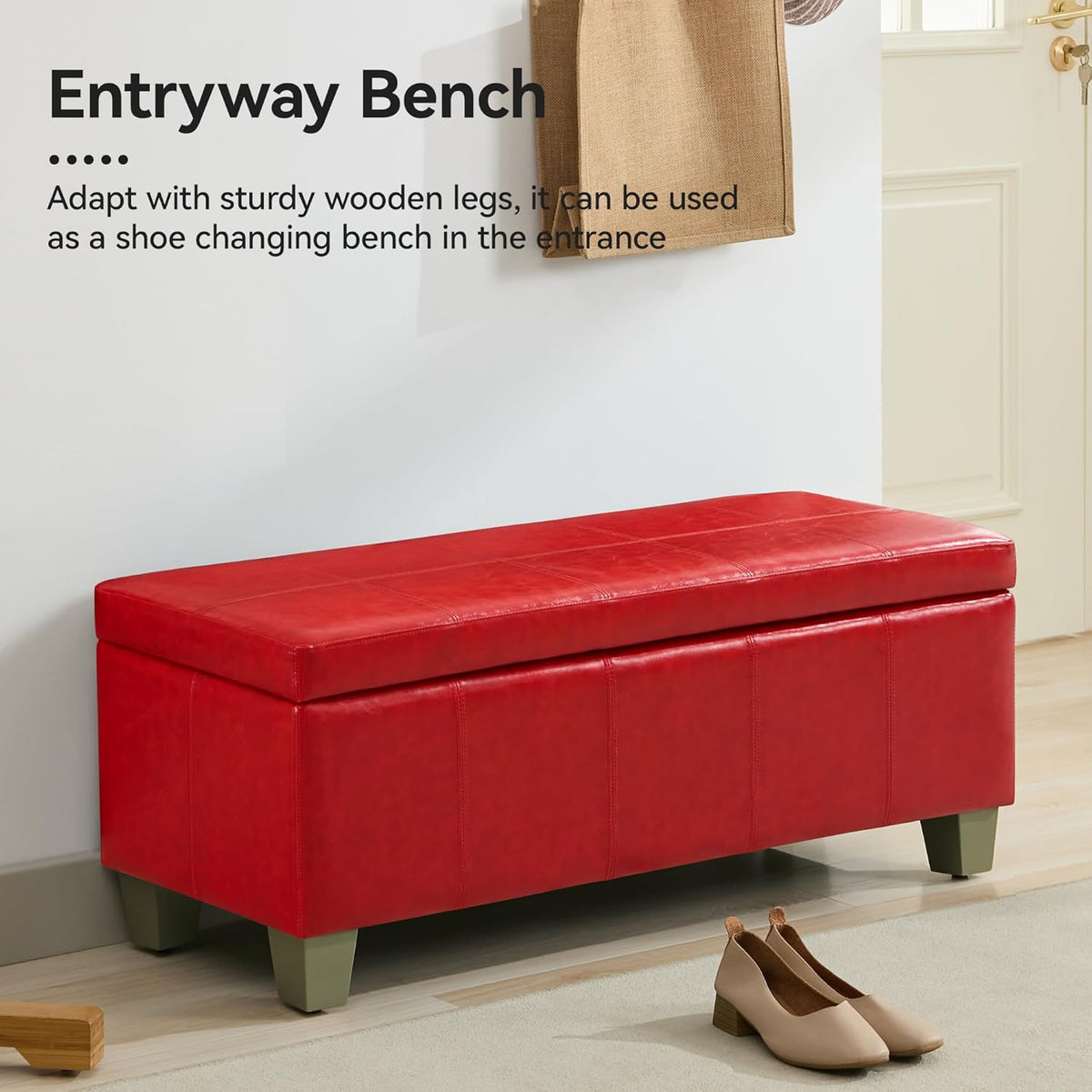 51" Faux Leather Storage Ottoman, Stitch Tufted Rectangle Upholstered End of Bed Storage Bench