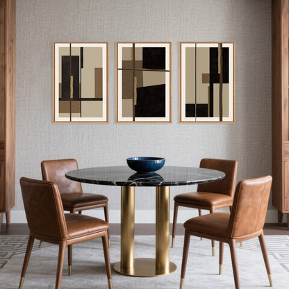 Abstract Shapes Framed Canvas Wall Art Set, Mid-Century Black Polygon Wall Decor, Black Brown