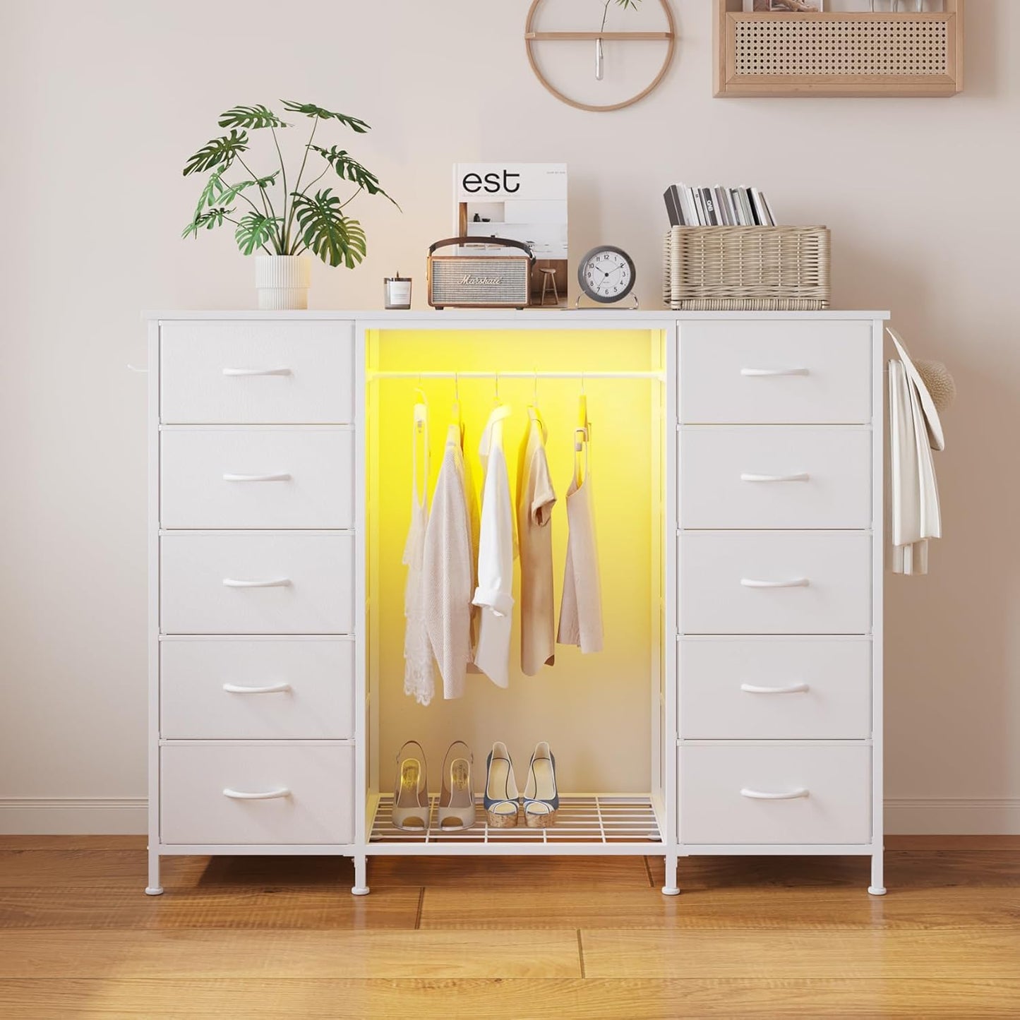 LUMTOK 55" W 2-in-1 Dresser with Hanging Rack, 10 Drawers Dresser for Bedroom, White Drawer