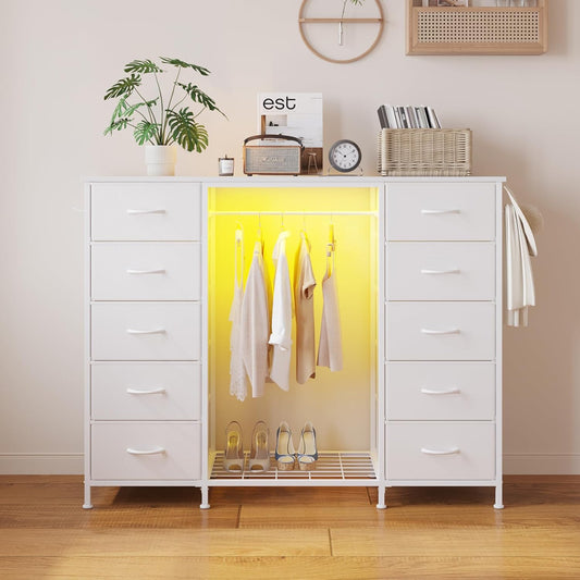 LUMTOK 55" W 2-in-1 Dresser with Hanging Rack, 10 Drawers Dresser for Bedroom, White Drawer