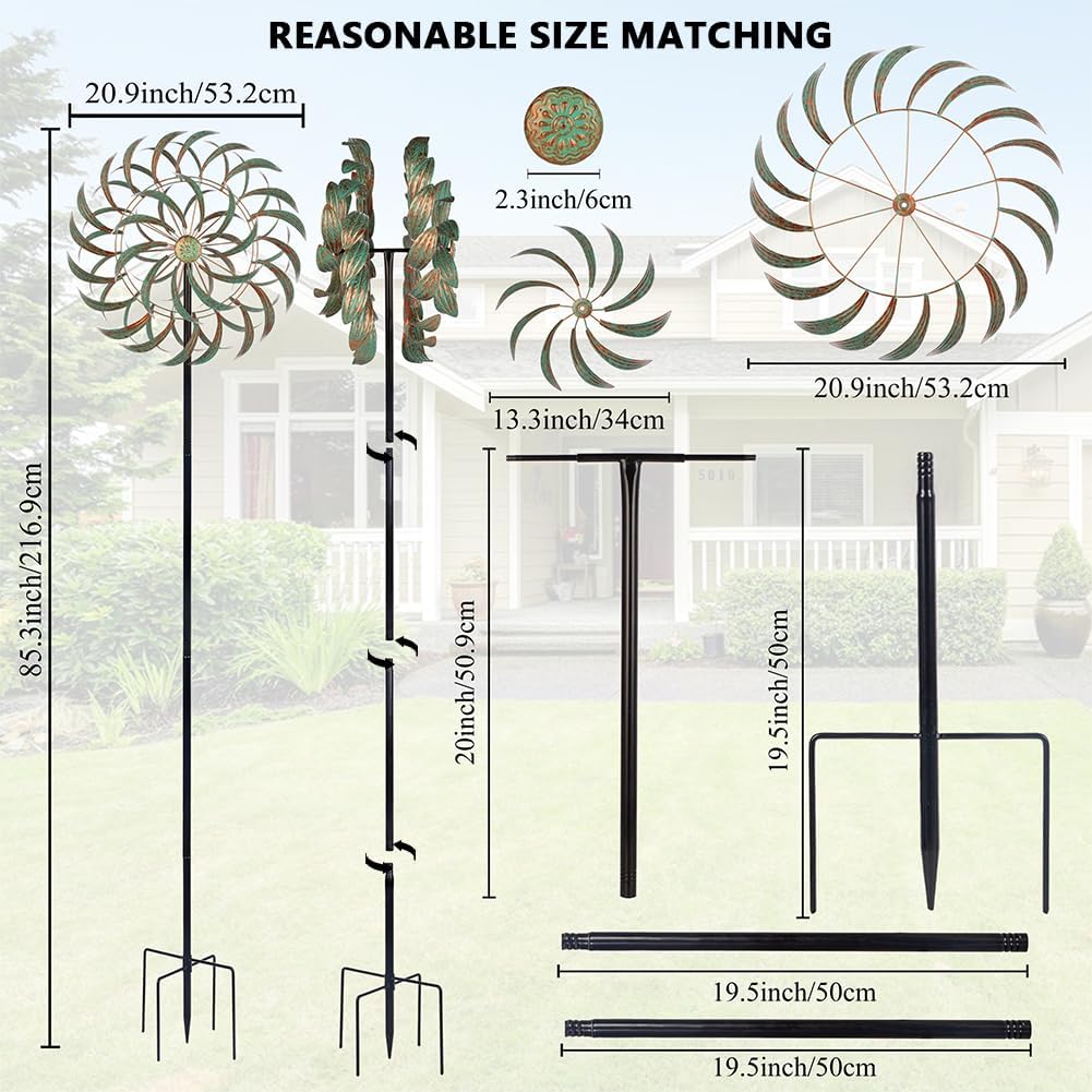 Viveta Large Outdoor Wind Spinner,21 * 85 inches Metal Wind Sculpture with 4 Sturdy Stakes,Green