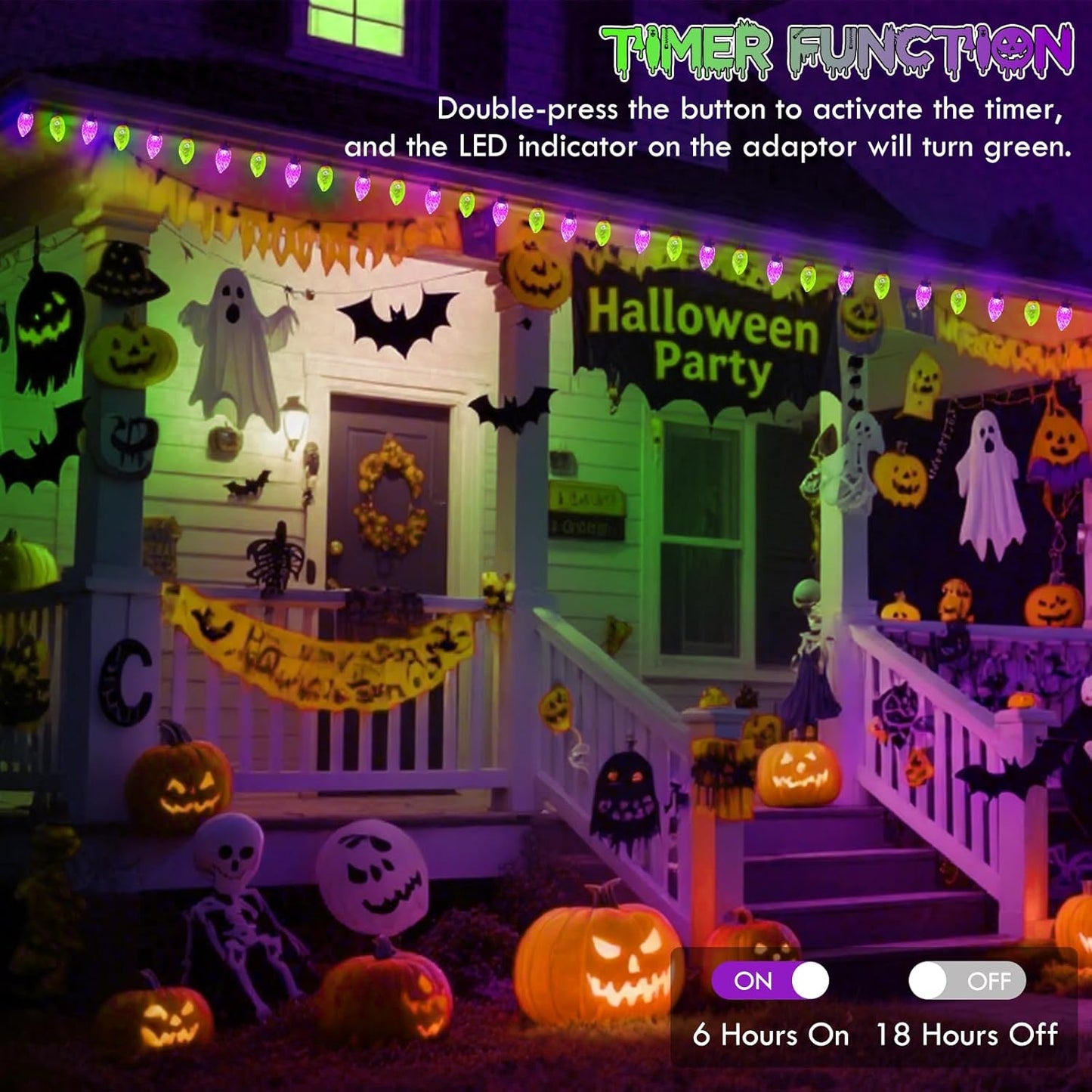 Extendable Purple and Green 2PK 100 LED C9 Halloween Lights Indoor Outdoor Waterproof, 98FT Super
