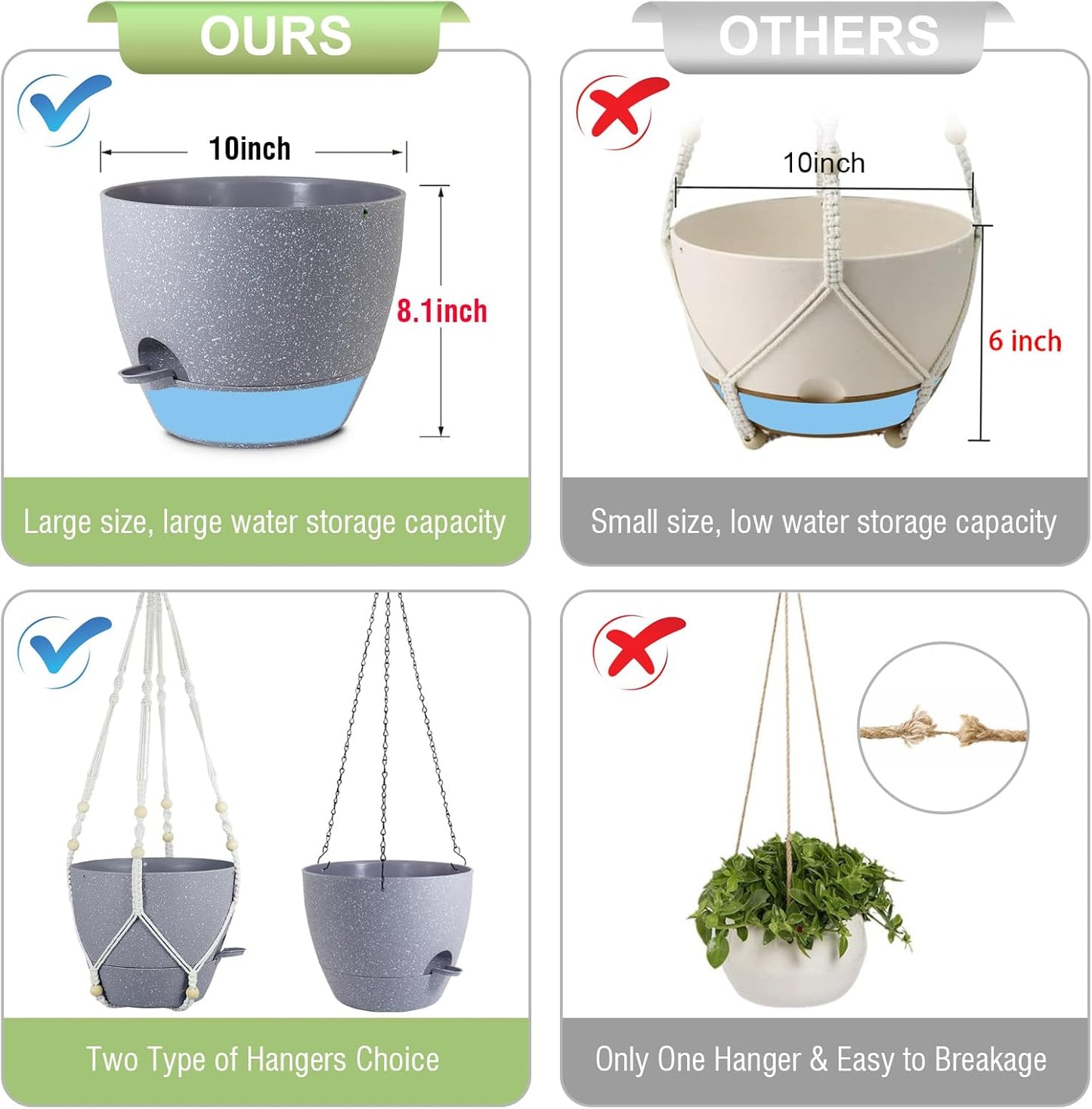 Self Watering Hanging Planters 10 inch, 2 Pack Hanging Flower Pots for Indoor Outdoor Plants