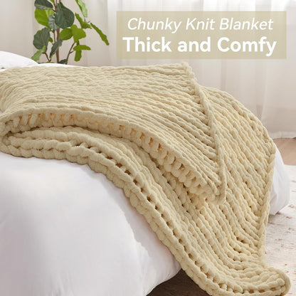Chunky Knit Throw Blanket, 30''*40'' Knitted Throw Chenille Yarn for Bed Couch, Handmade Oatmeal