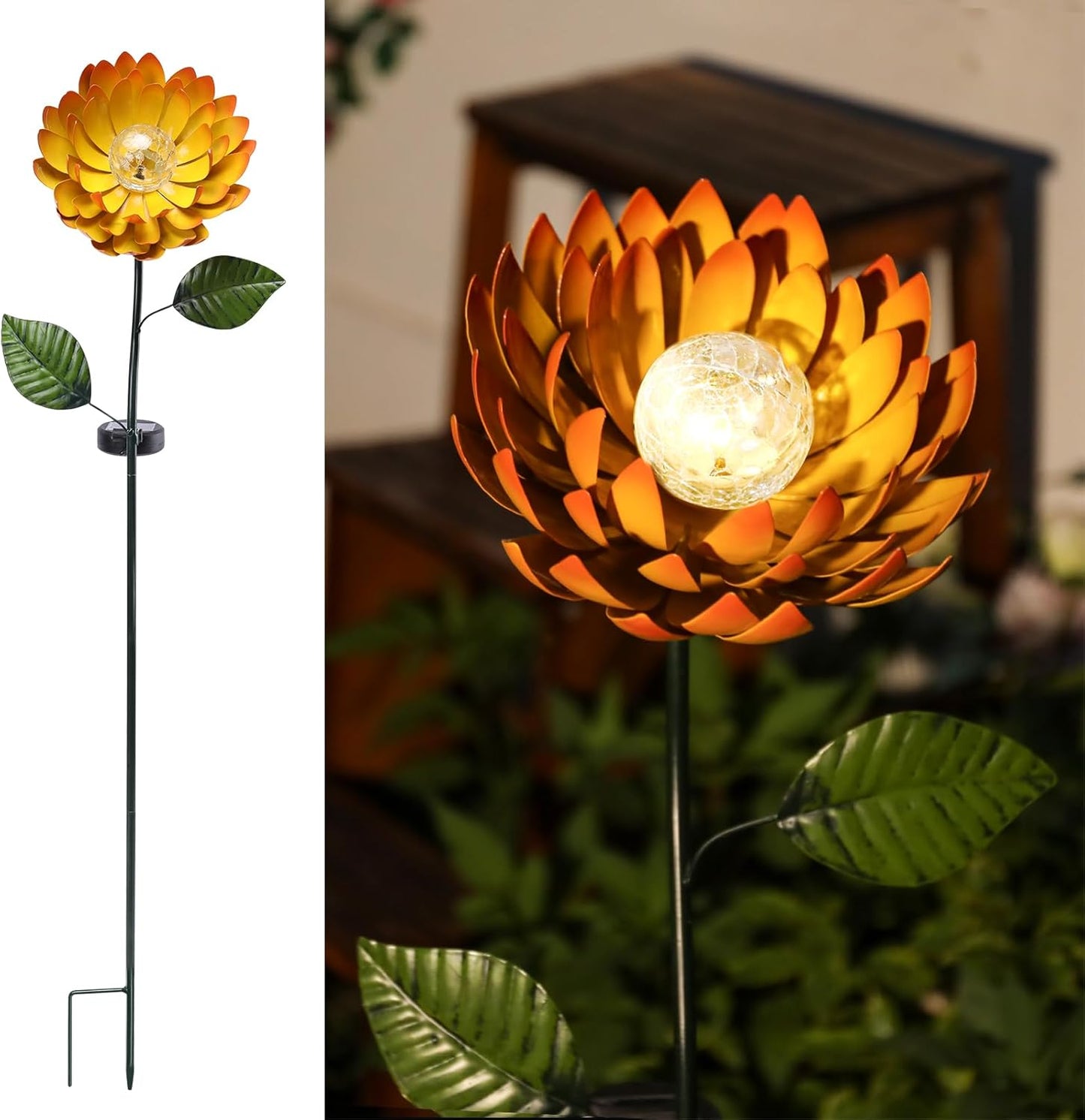 VCUTEKA Solar Garden Lights Metal Flower Decor Colorful Yellow Flowers Solar Pathway Light with LED