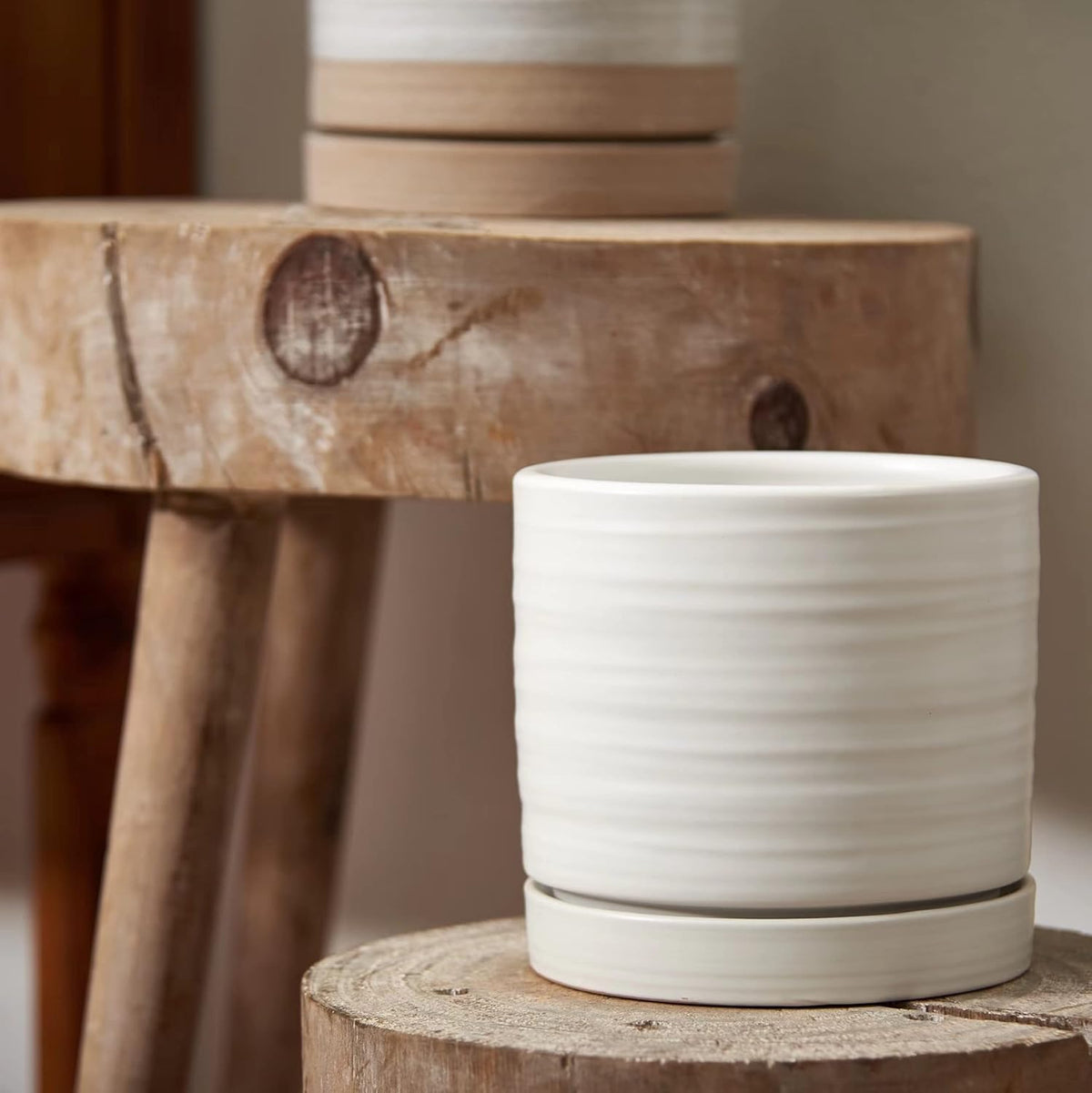 6 Inch Plant Pots, Ceramic Planter Pot with Drainage Hole & Saucer, Indoor/Outdoor Cylinder Round