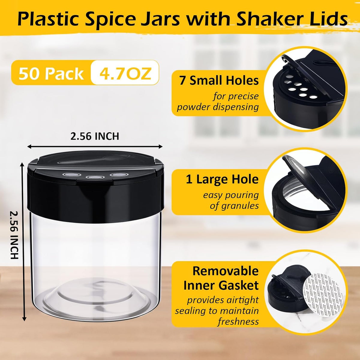 50 Pack 4.7 oz Plastic Spice Jars with Black Cap Empty Clear Plastic Spice Bottle Containers