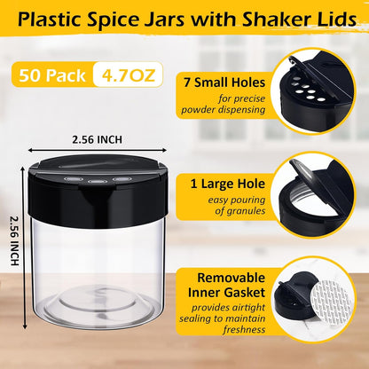 50 Pack 4.7 oz Plastic Spice Jars with Black Cap Empty Clear Plastic Spice Bottle Containers