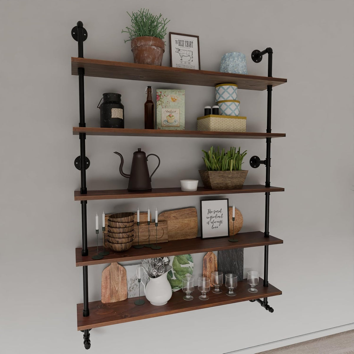 Industrial Pipe Wall Shelves Pipe Shelving with Real Wood Plank ,48 Inches Floating Shelves for