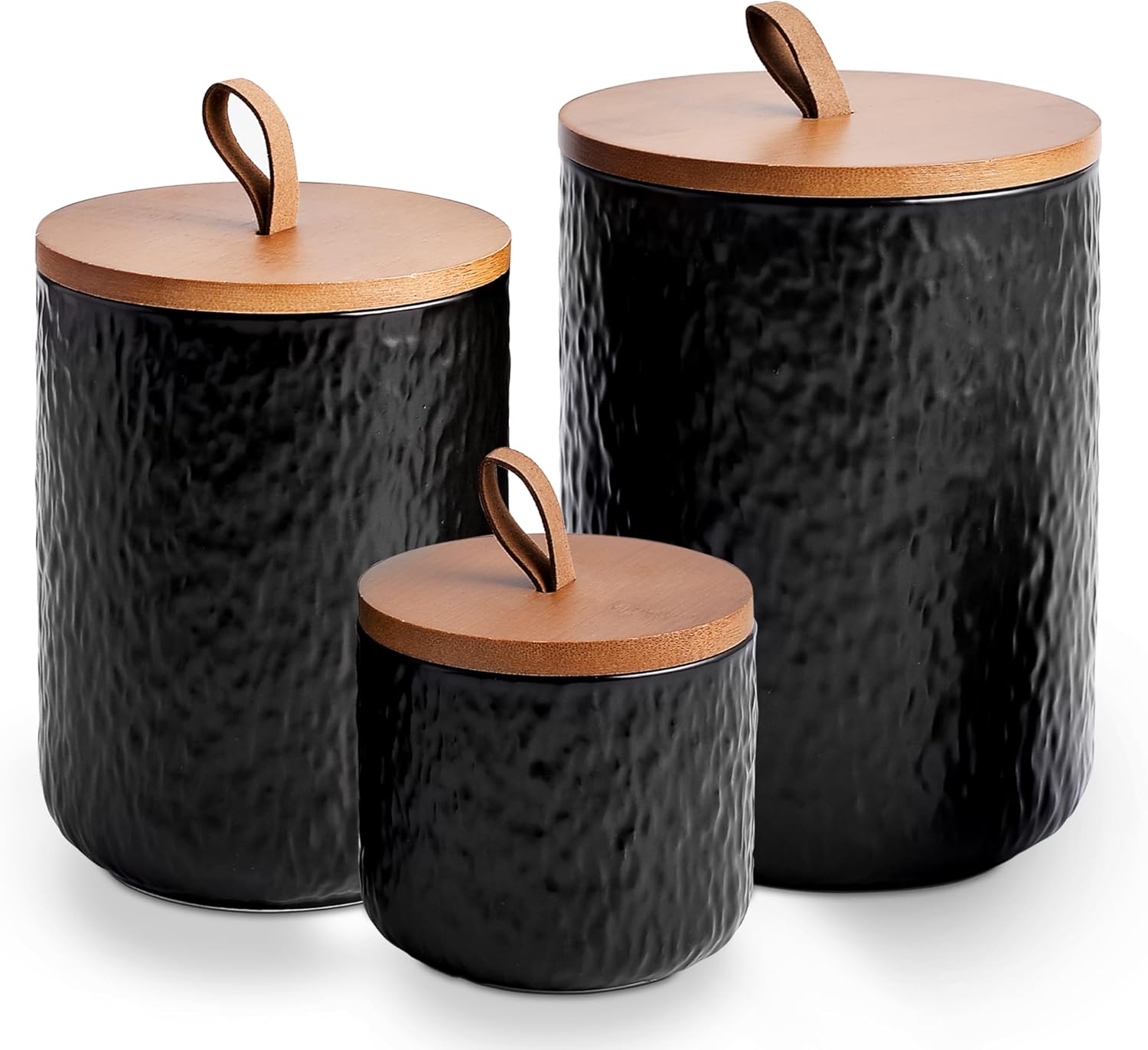 JOJUNO Black Ceramic Canister Set with Wooden Lid, 3-Piece Airtight Food Storage Jars for Kitchen