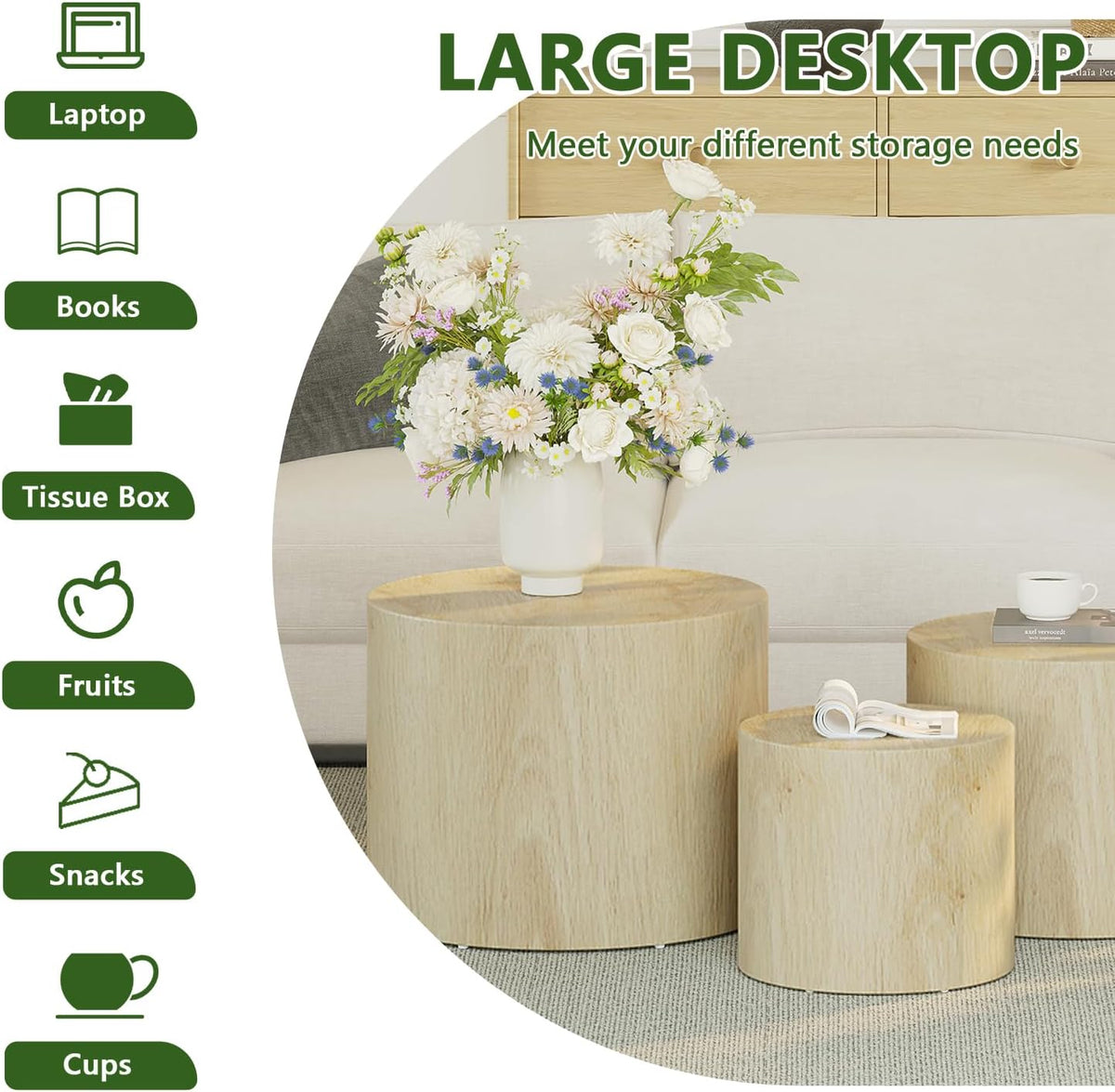Vikiullf Nesting Coffee Table Set of 3, Round Wooden Coffee Tables, Modern Circle Table for Living
