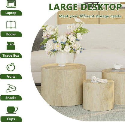 Vikiullf Nesting Coffee Table Set of 3, Round Wooden Coffee Tables, Modern Circle Table for Living
