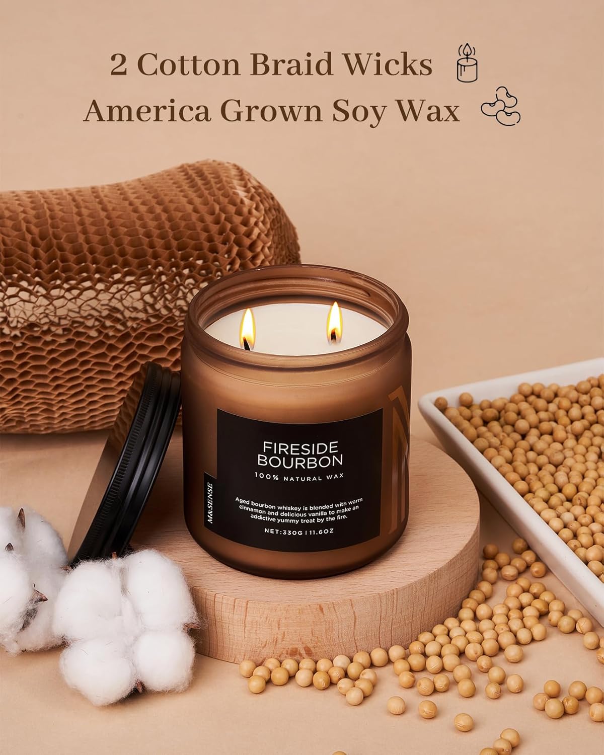M&SENSE Fireside Bourbon Jar Candle, 11.6oz Clean Soy Wax Up to 70 Hours Burn Time Smoky Scent 2
