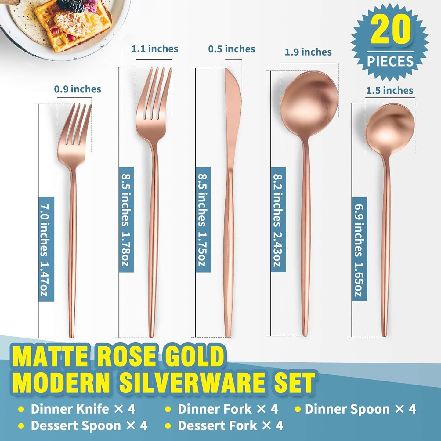Matte Rose Gold Silverware Set for 4,Modern Stainless Steel Brushed Cutlery Set,20-Pieces Heavy