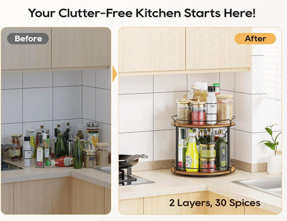 12.4" Lazy Susan Organizer 2 Tier - Rotating Spice Rack, Wooden Spinning Spice Holder for Inside