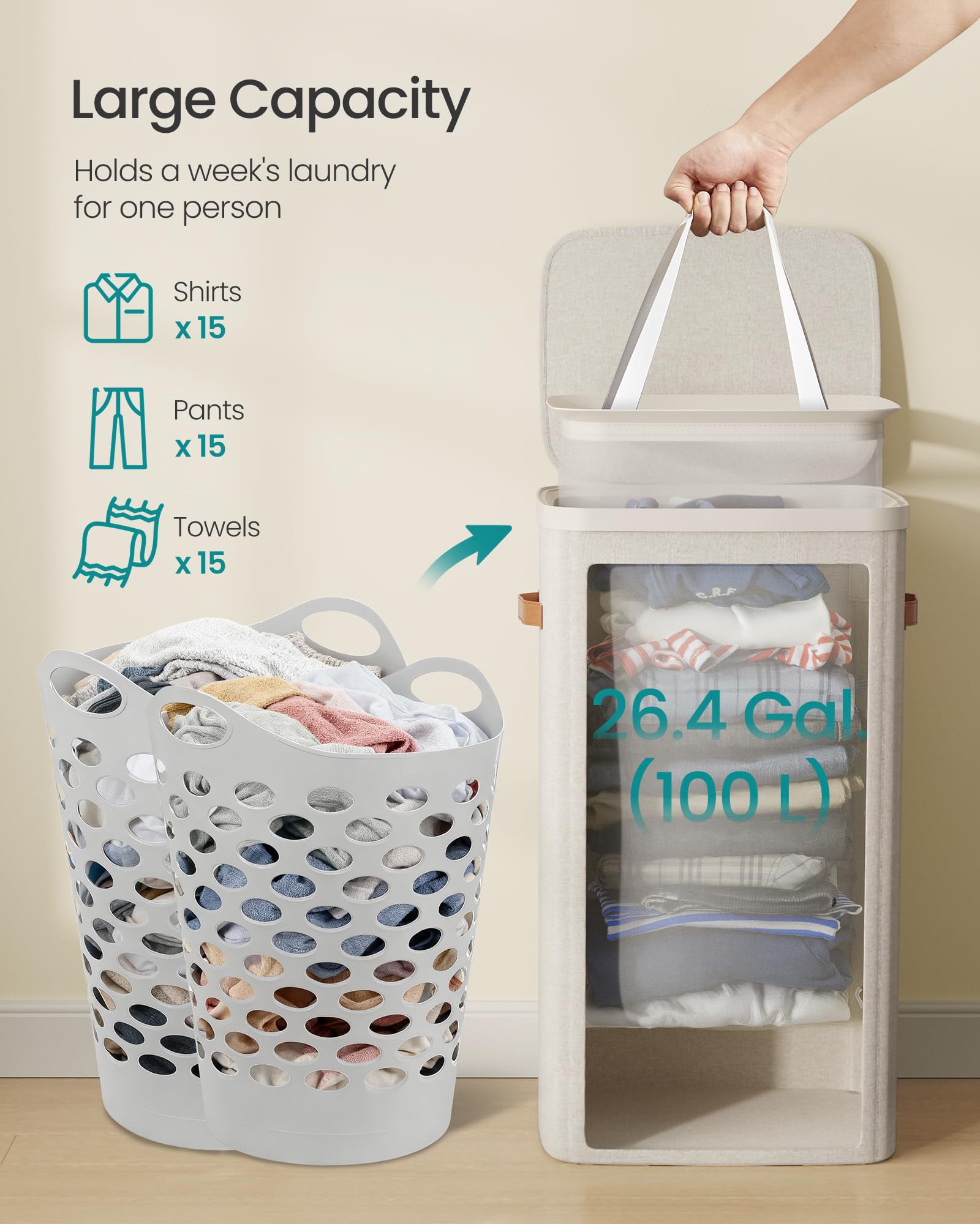 SONGMICS Laundry Basket, 26.4 Gal. Laundry Hamper, Easy Assembly, with Lid and Handles, Removable