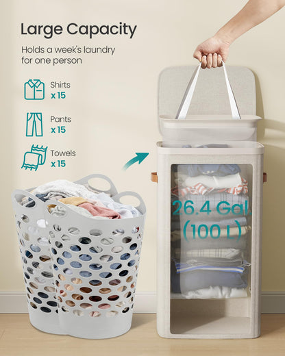 SONGMICS Laundry Basket, 26.4 Gal. Laundry Hamper, Easy Assembly, with Lid and Handles, Removable
