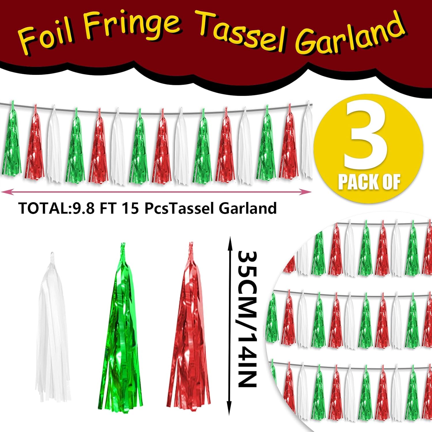 3P Red Green White Foil Fringe Metallic Tassel Streamers Banner Tassel Garland for Parade Floats