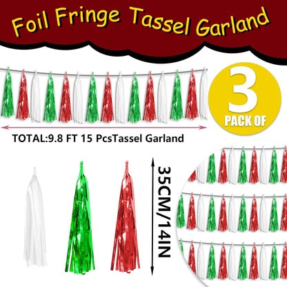 3P Red Green White Foil Fringe Metallic Tassel Streamers Banner Tassel Garland for Parade Floats