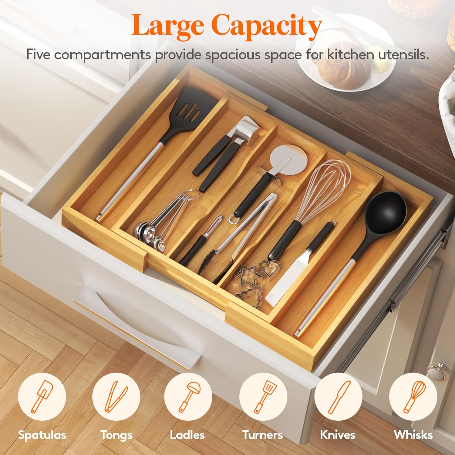 Lifewit Utensil Organizer for Kitchen Drawer, Expandable Cooking Utensil Tray, Bamboo Cutlery