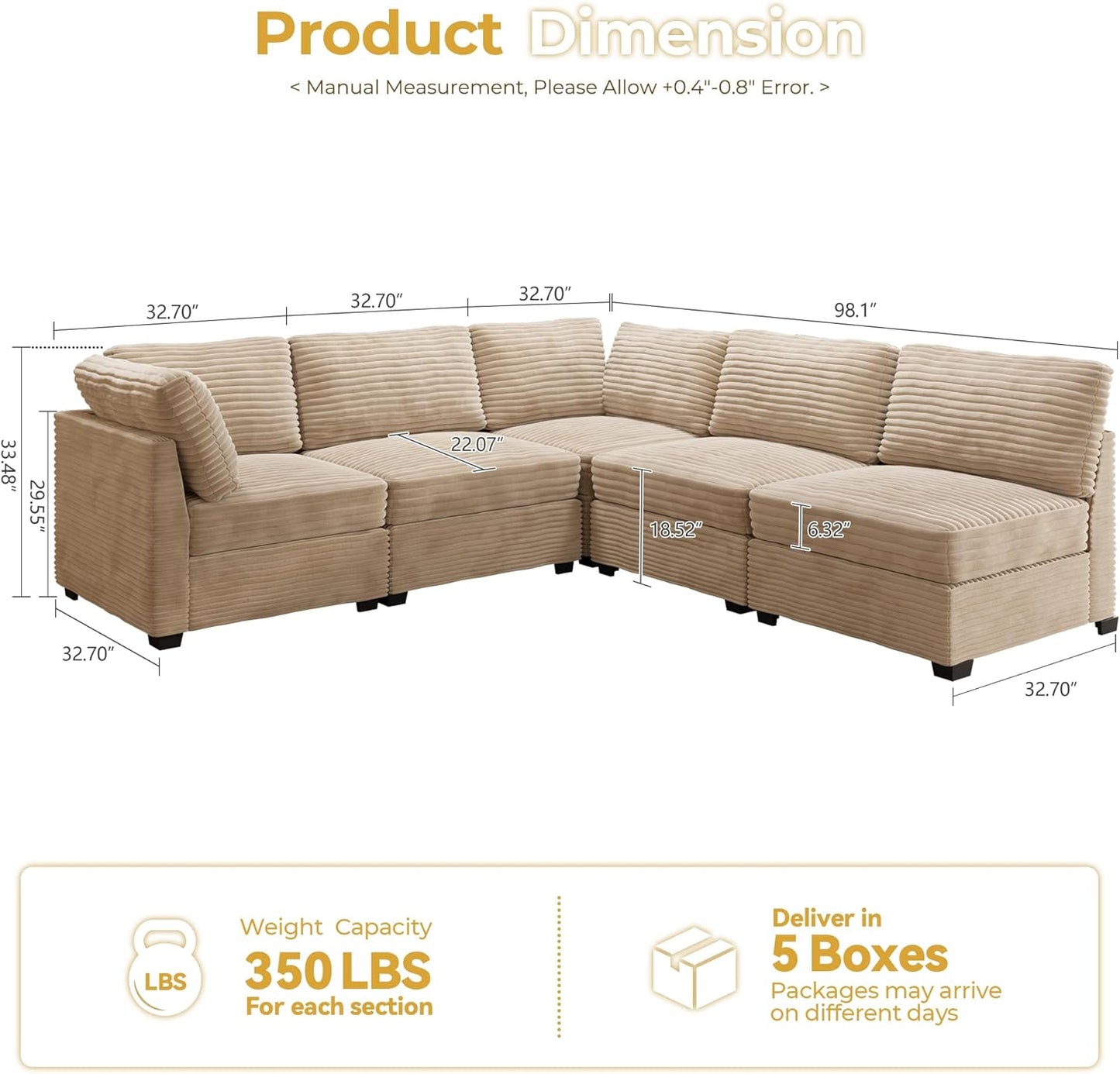HOOOWOOO Modular Sectional Sofa,5 Pieces Sectional Couches for Living Room,98X98 L Shaped Cloud