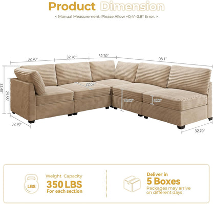 HOOOWOOO Modular Sectional Sofa,5 Pieces Sectional Couches for Living Room,98X98 L Shaped Cloud