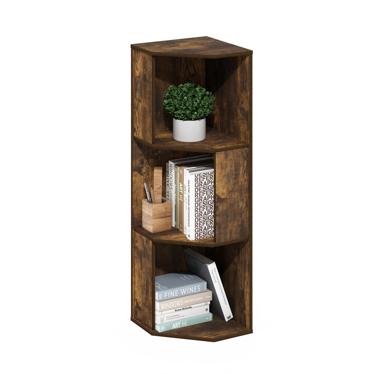 Furinno ECON Corner Shelf, 3-Tier Corner Book Shelf, Standing Storage Shelves, Cube Display Rack