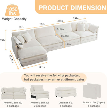 Sectional Sofa 4 Seater with Movable 1 Ottoman,Oversized Modular Couch Deep Seat (Beige, 146.5