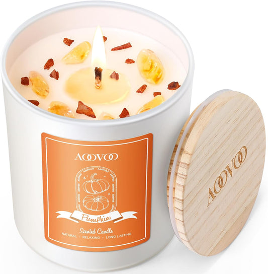 AOOVOO Pumpkin Scented Candles for Women - Aromatherapy Candle with Crystals Inside, 10oz Soy