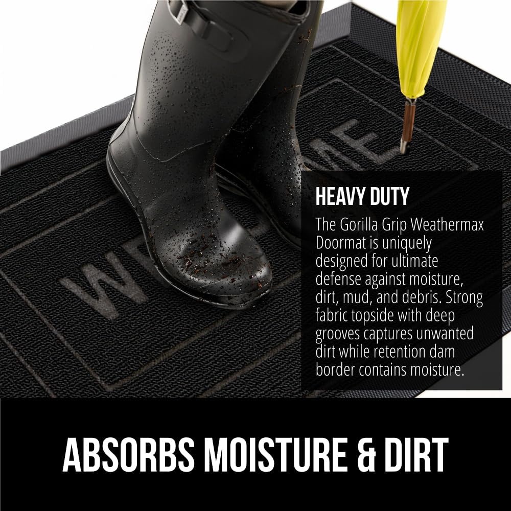 GORILLA GRIP 100% Waterproof All-Season WeatherMax Doormat, US Designed Natural Rubber, Stain and