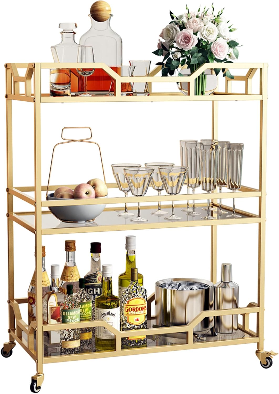 Square Gold Bar Carts with 3 Tier Storage Glass Shelves Holder Home Serving Bar Carts on Wheels for