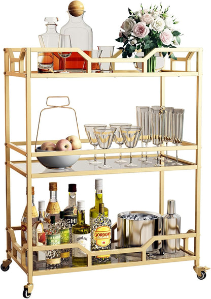 Square Gold Bar Carts with 3 Tier Storage Glass Shelves Holder Home Serving Bar Carts on Wheels for