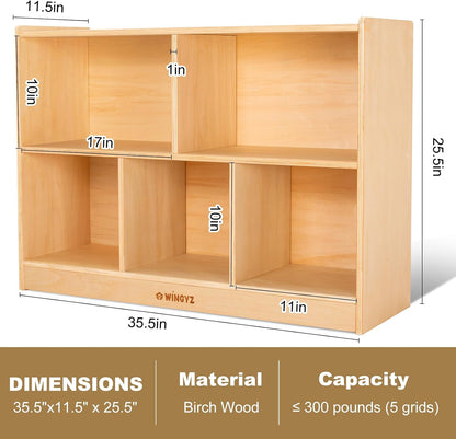 wingyz Wood Storage Shelf Organizer, 35.4" L, 5-Section Montessori Kids Toy & Book Shelf, Wooden