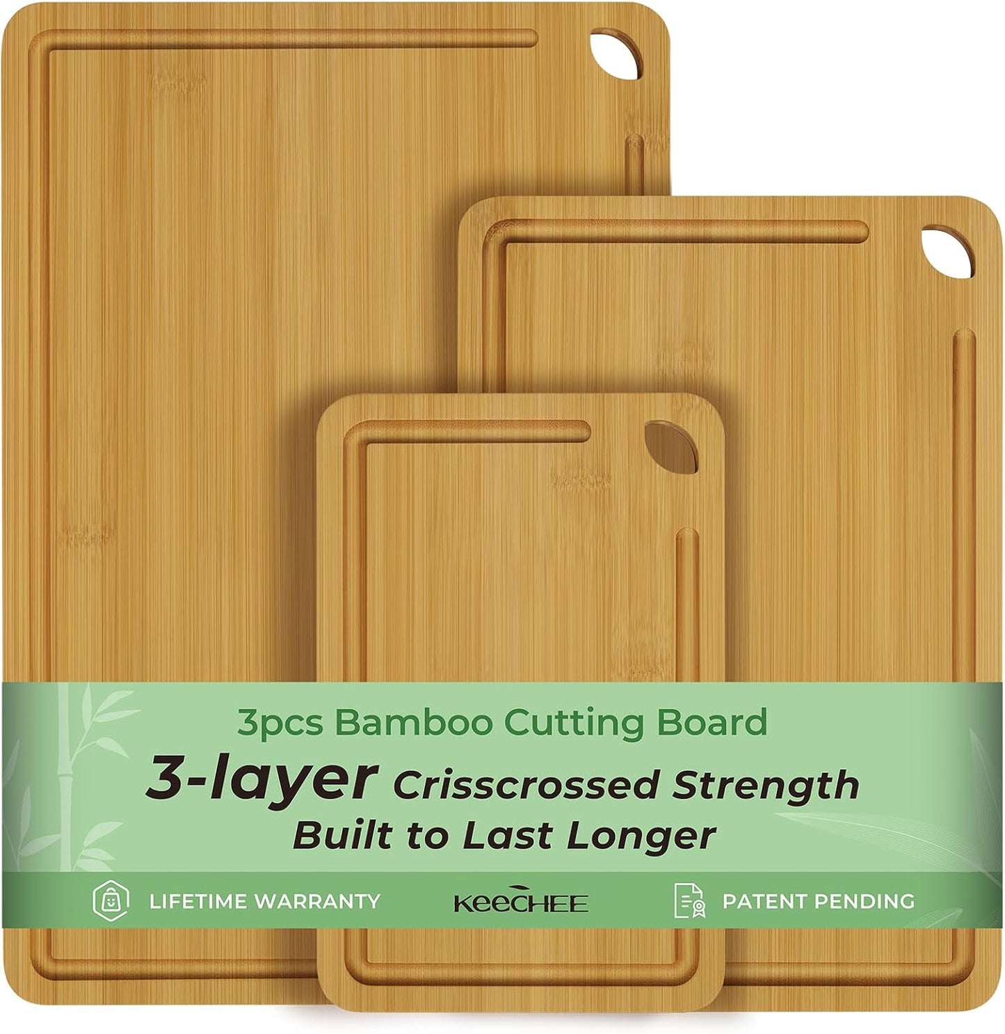 Wood Cutting Board for Kitchen - Reversible Bamboo Cutting Boards Gift Set of 3 with Juice Groove