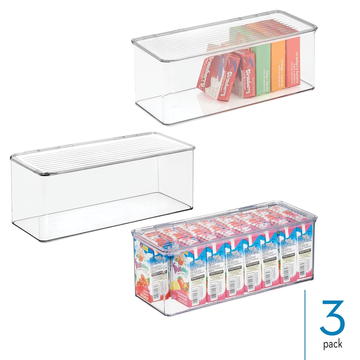 iDesign Plastic Stackable Hinged-Lid Storage Box, Set of 3, Clear