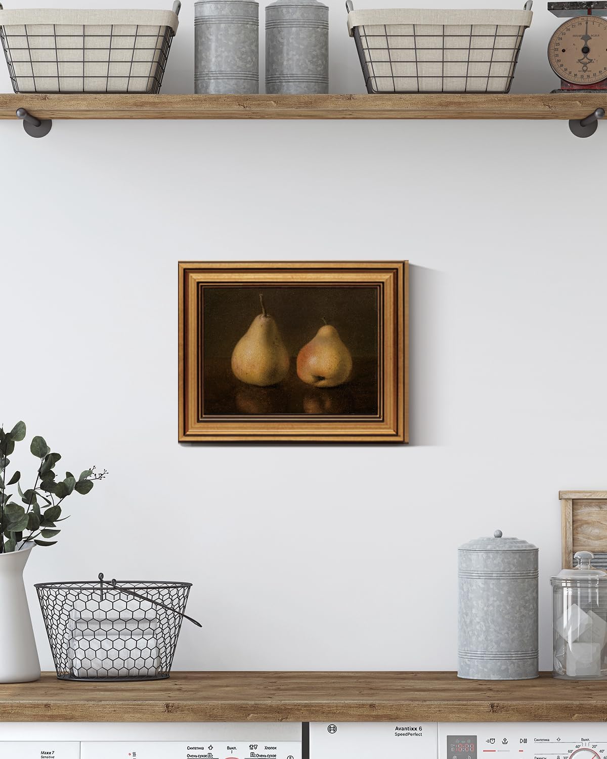 HUARCEY Gold Framed Vintage Wall Art for Living Room, Pear Fruits Painting Prints Shelf Decor for