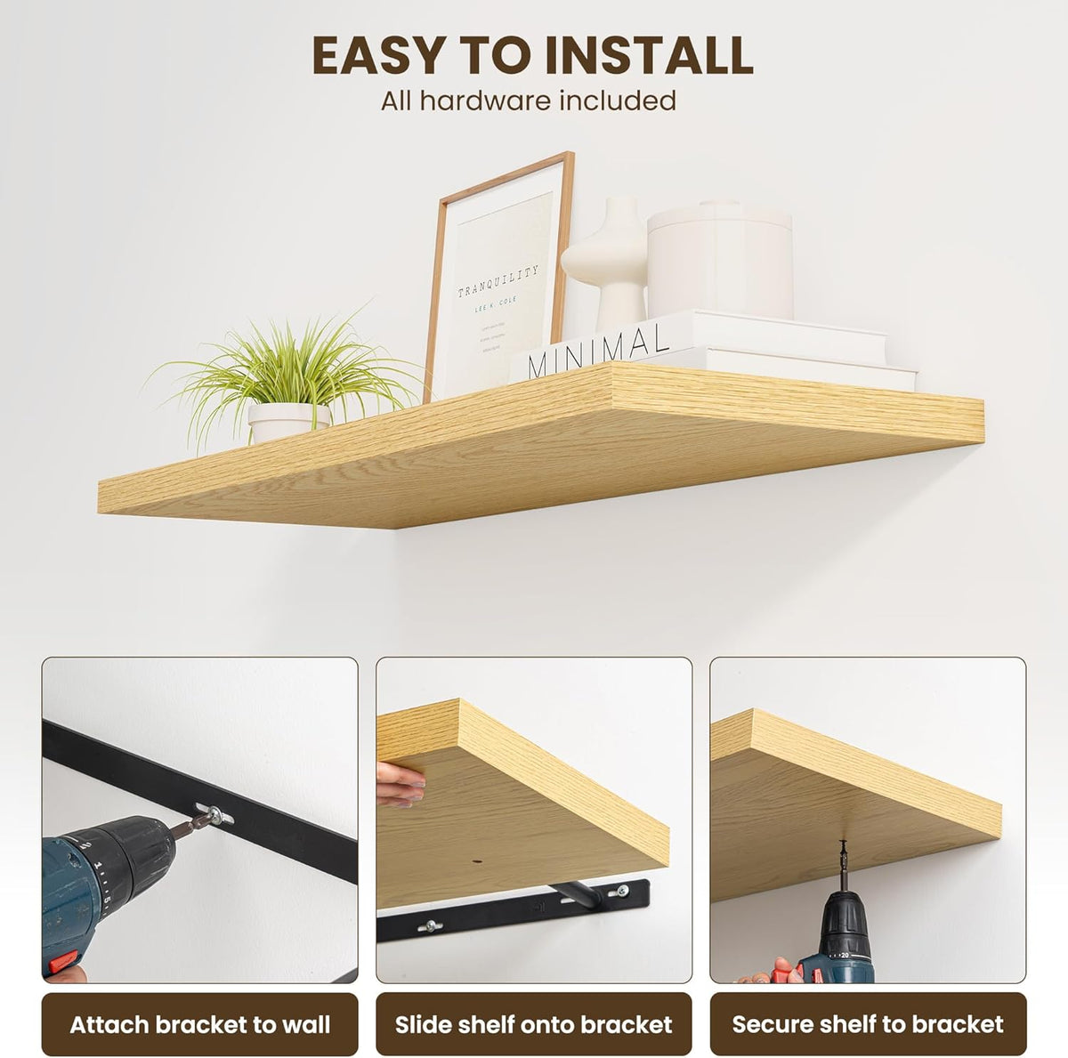 48" Floating Shelves for Wall, 12" Deep Slim Oak Floating Shelves, Wall-Mounted Shelves for