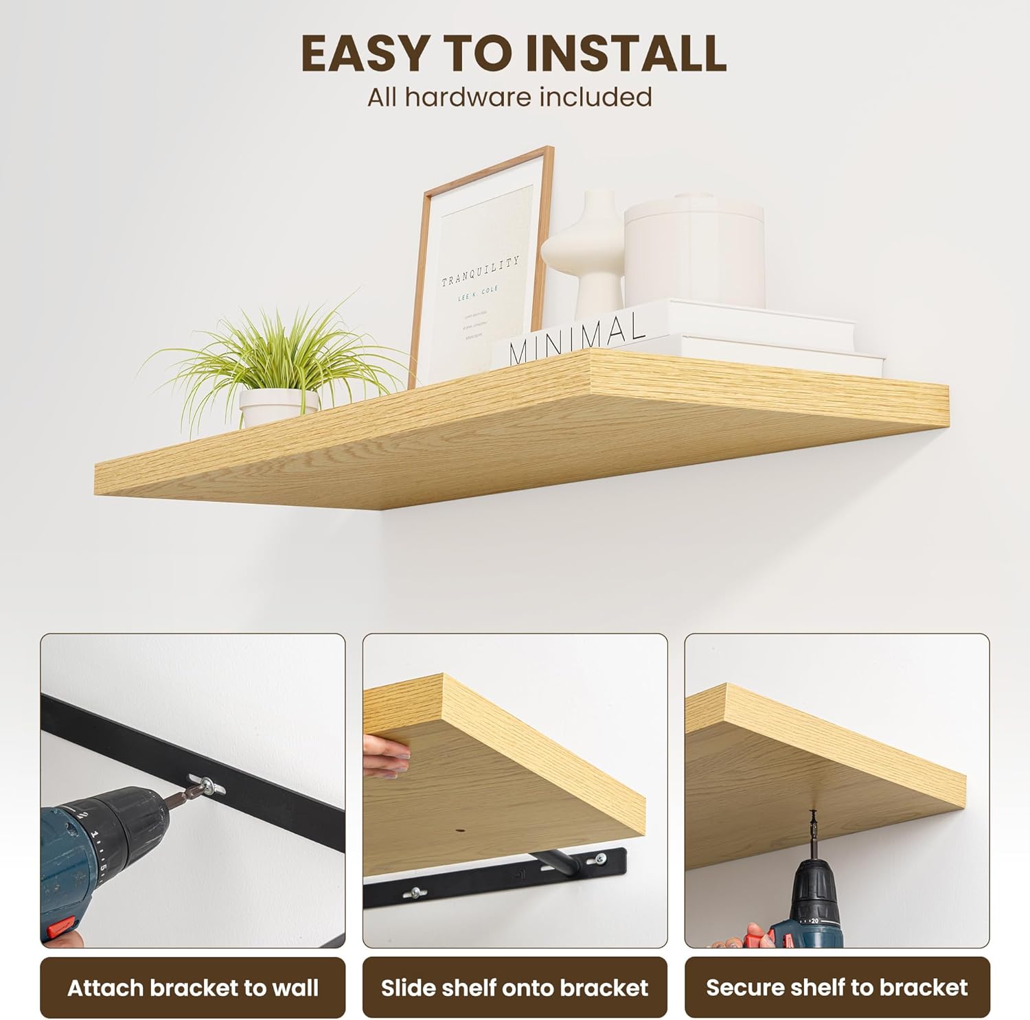 36" Floating Shelves for Wall, 12" Deep Slim Oak Floating Shelves, Wall-Mounted Shelves for
