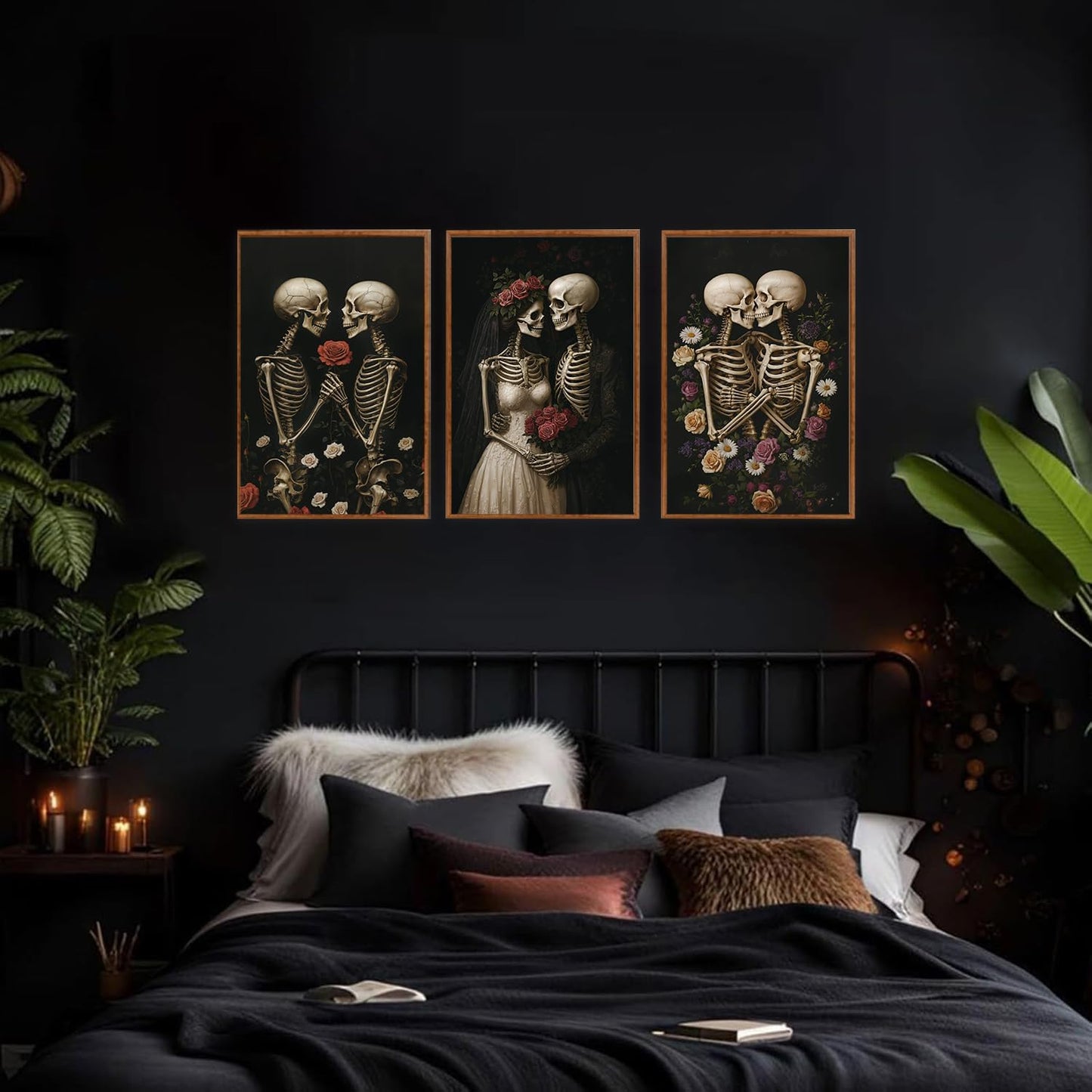 HLNIUC Halloween Rose Wedding Framed Wall Art,Vintage Skeleton Rose Canvas Prints,Abstract Romantic