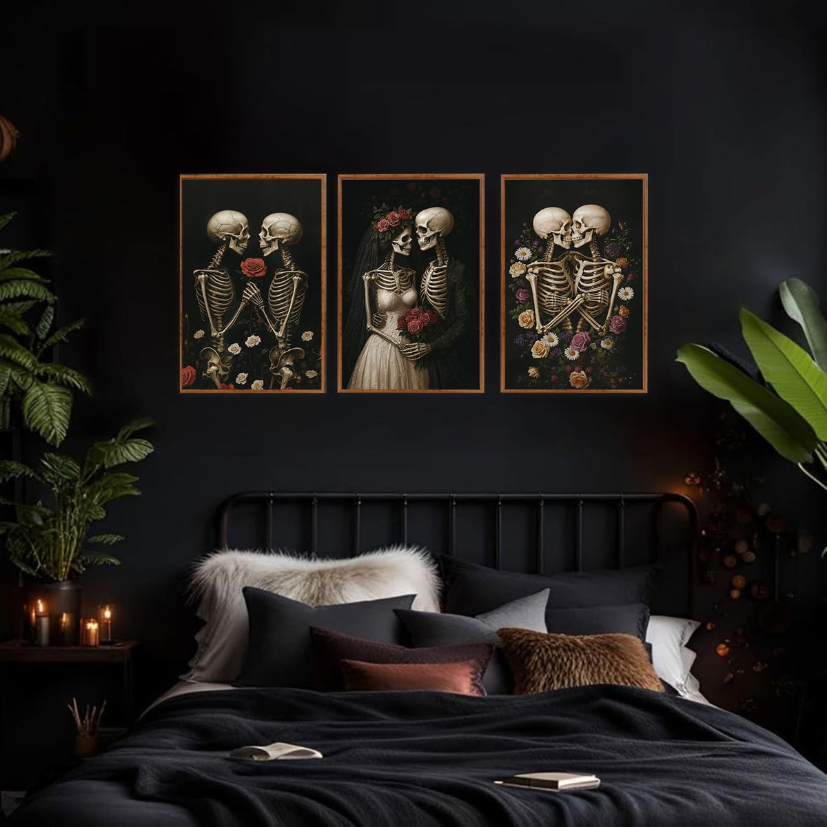 HLNIUC Halloween Rose Wedding Framed Wall Art,Vintage Skeleton Rose Canvas Prints,Abstract Romantic