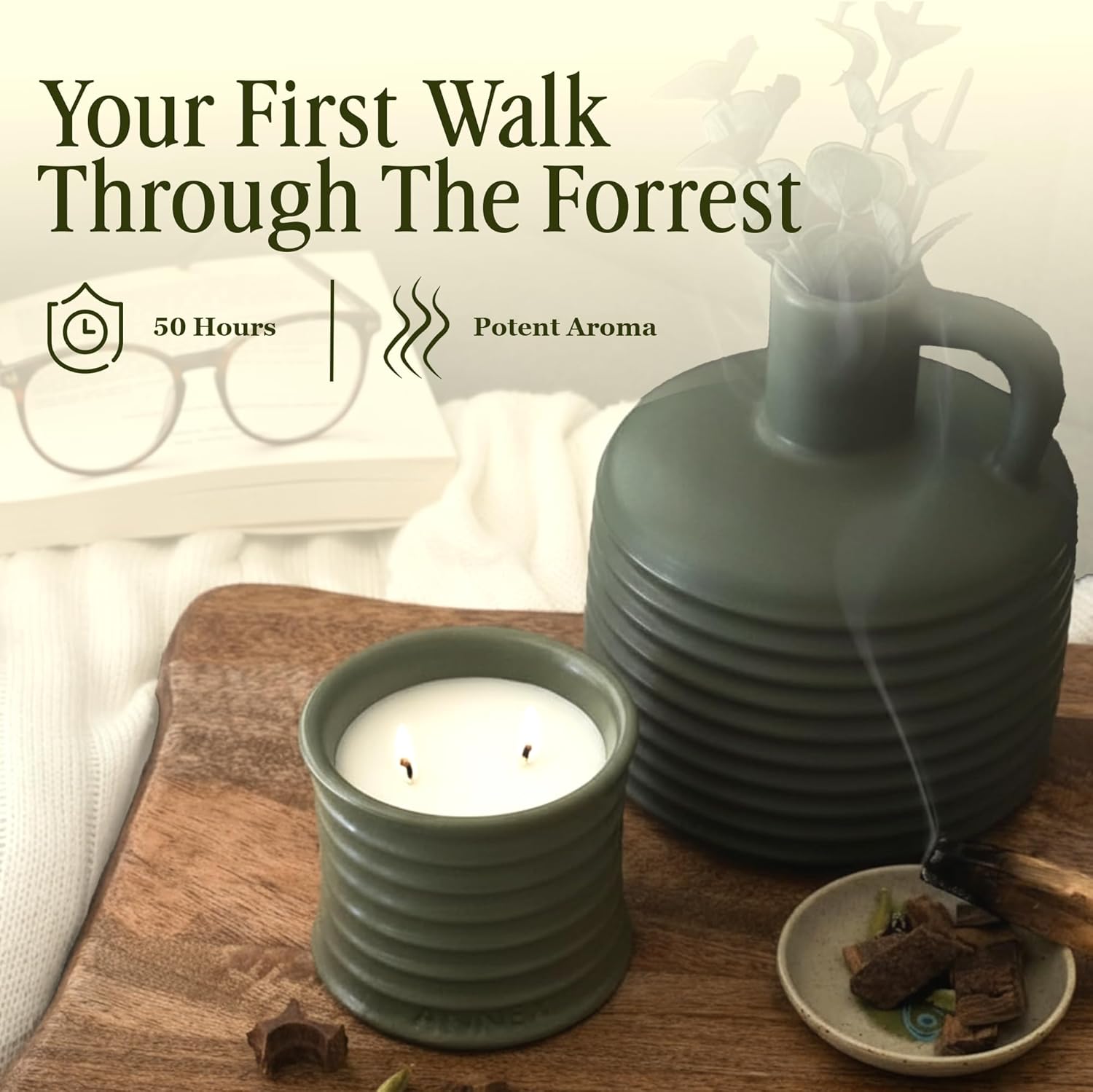 Scented Luxury Candles in Handmade Ceramic Jars, Soy Wax | Woody Wood – Oud & Agarwood, Large