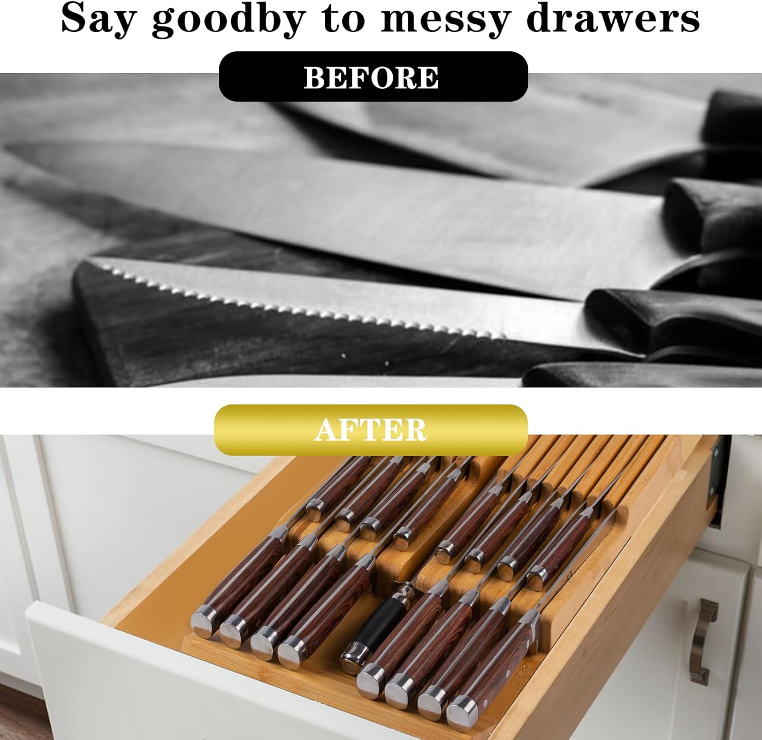 Bamboo Kitchen Drawer Knife Holder, In-drawer Knife Block, Knife Drawer Organizer fit for 16 knives