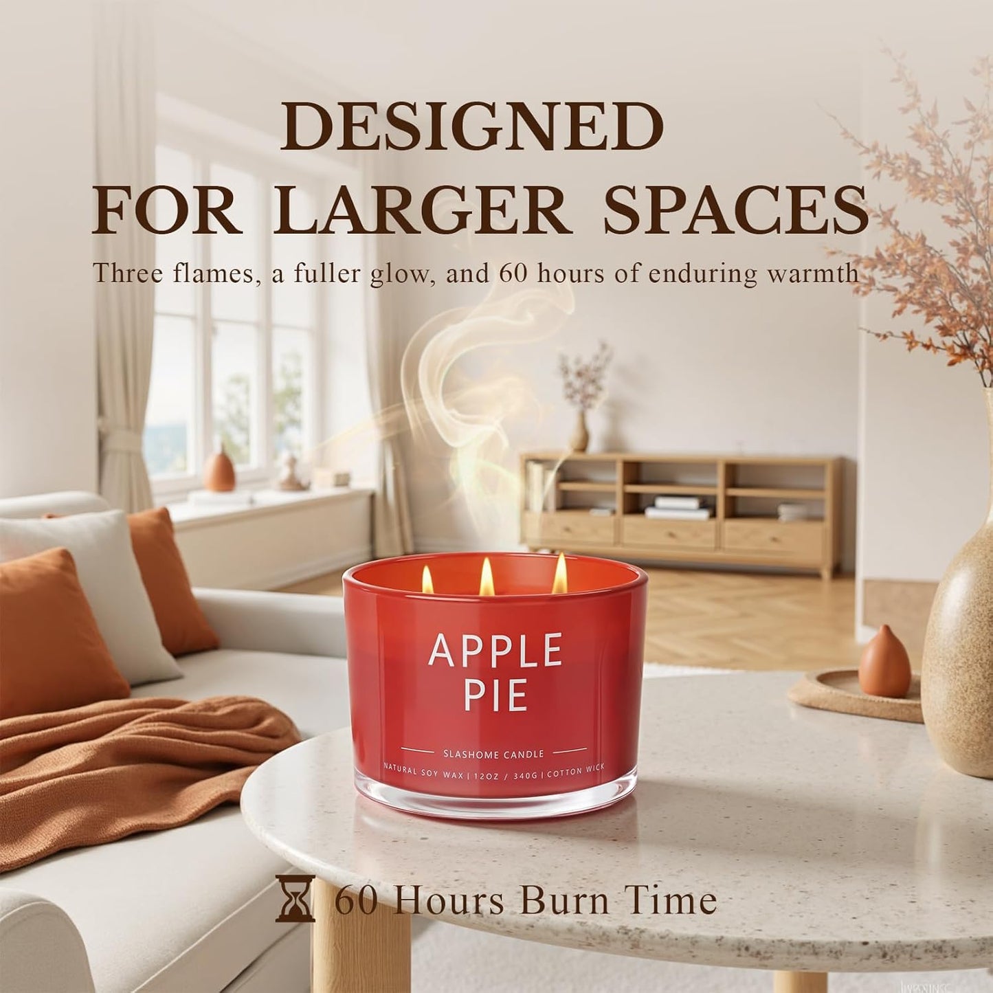 Apple Pie Fall Candle, Large 12oz 3 Wick Luxury Candle, Elegant Autumn Gift for Women & Men, 60+